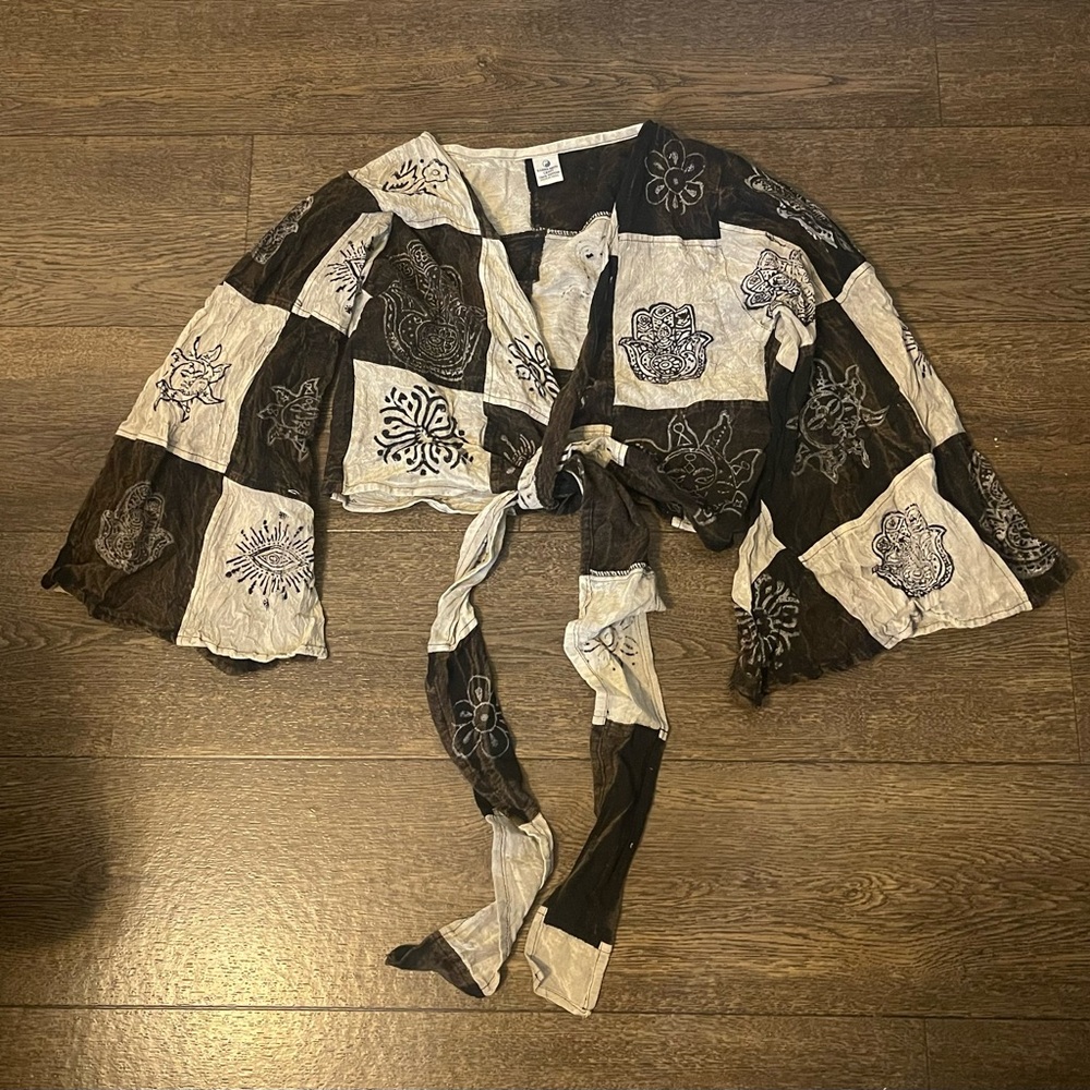 Boho Black and Cream Patchwork Top - image 2